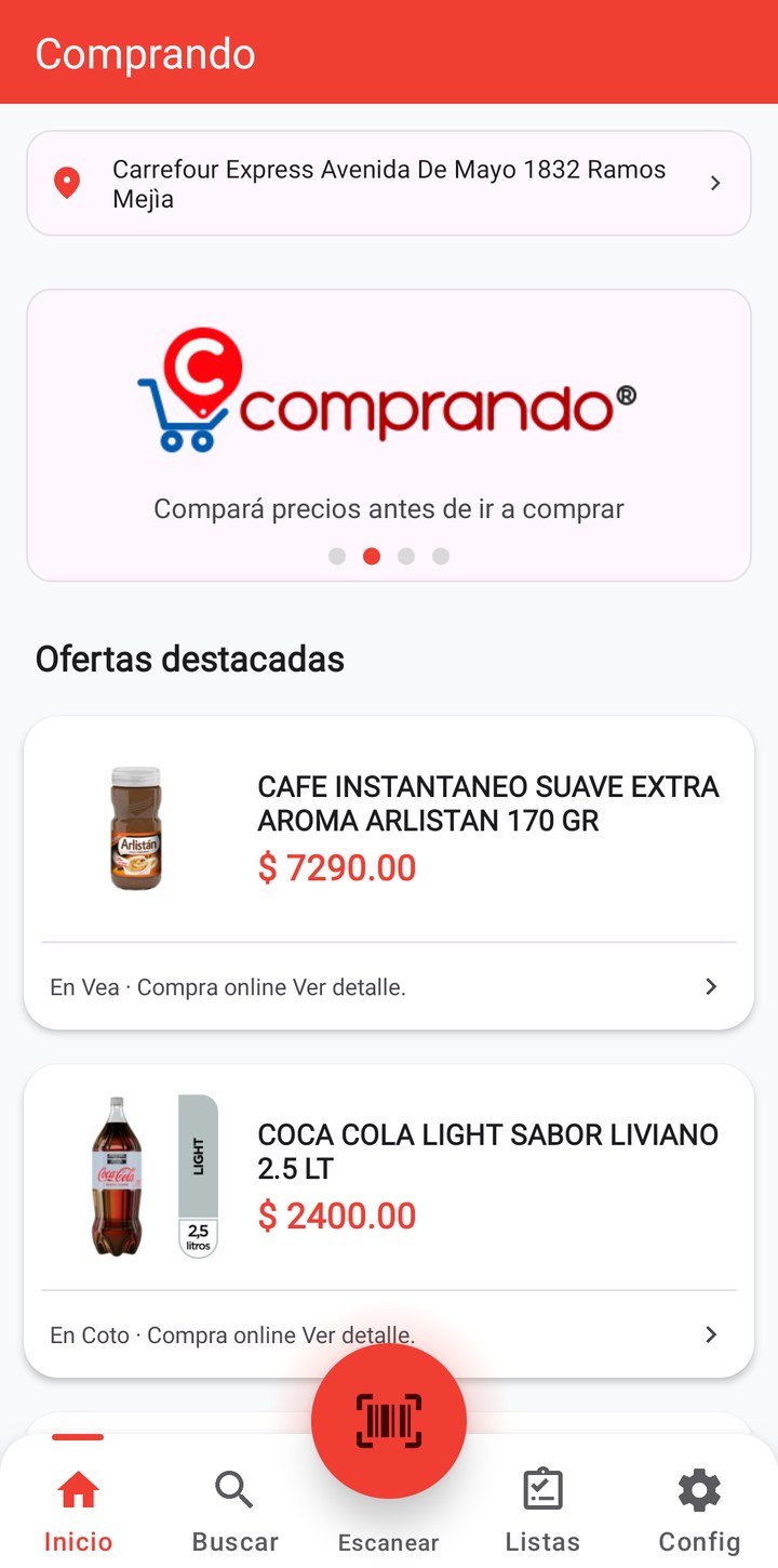 Pantalla de inicio de Comprando con las ofertas destacadas