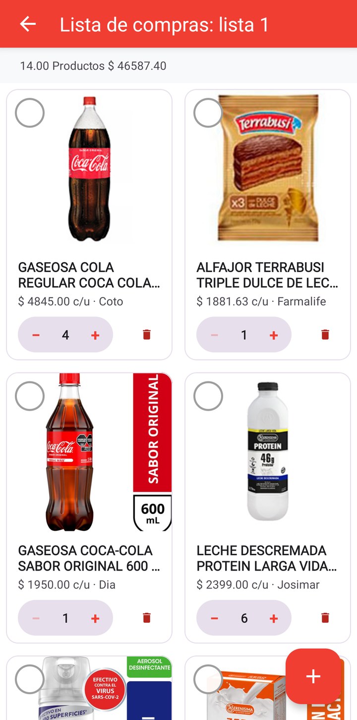 Lista de compras con el total