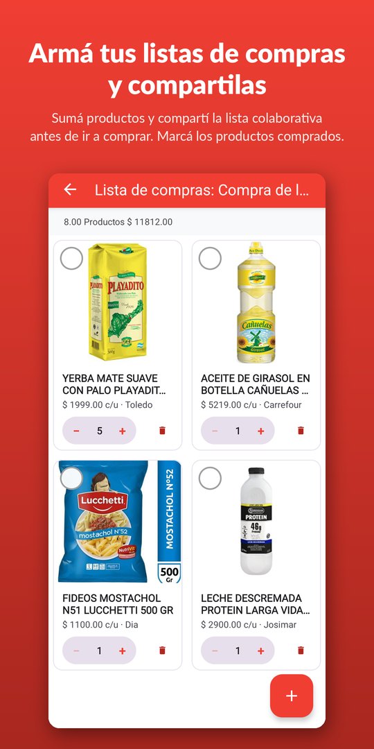 Armá tus listas de compras y compartilas, y marcá los productos comprados